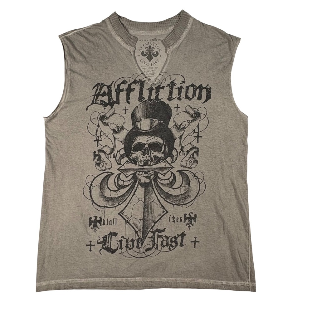 Affliction Live Fast Skull Tank Top Muscle Gray Mens 2XL Y2K Grunge Biker USA‎
